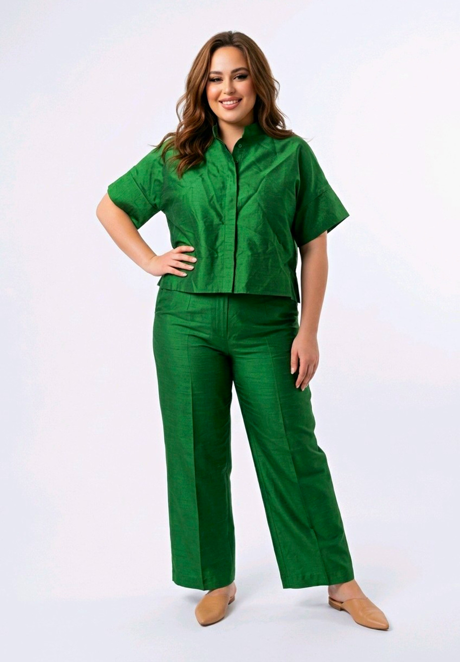 Tuckernuck Women's Green Band Collar Button-Up Dolman Blouse Size L